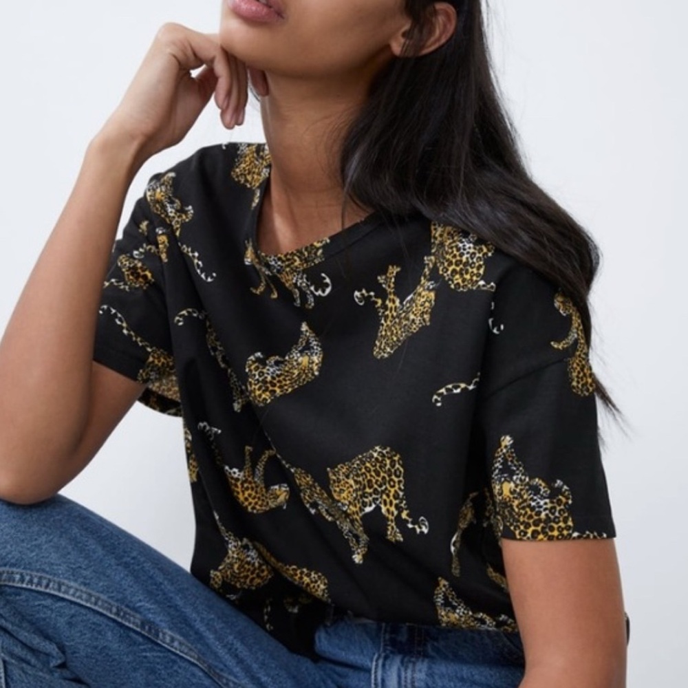 Zara Black Tee with Gold Leopard Print